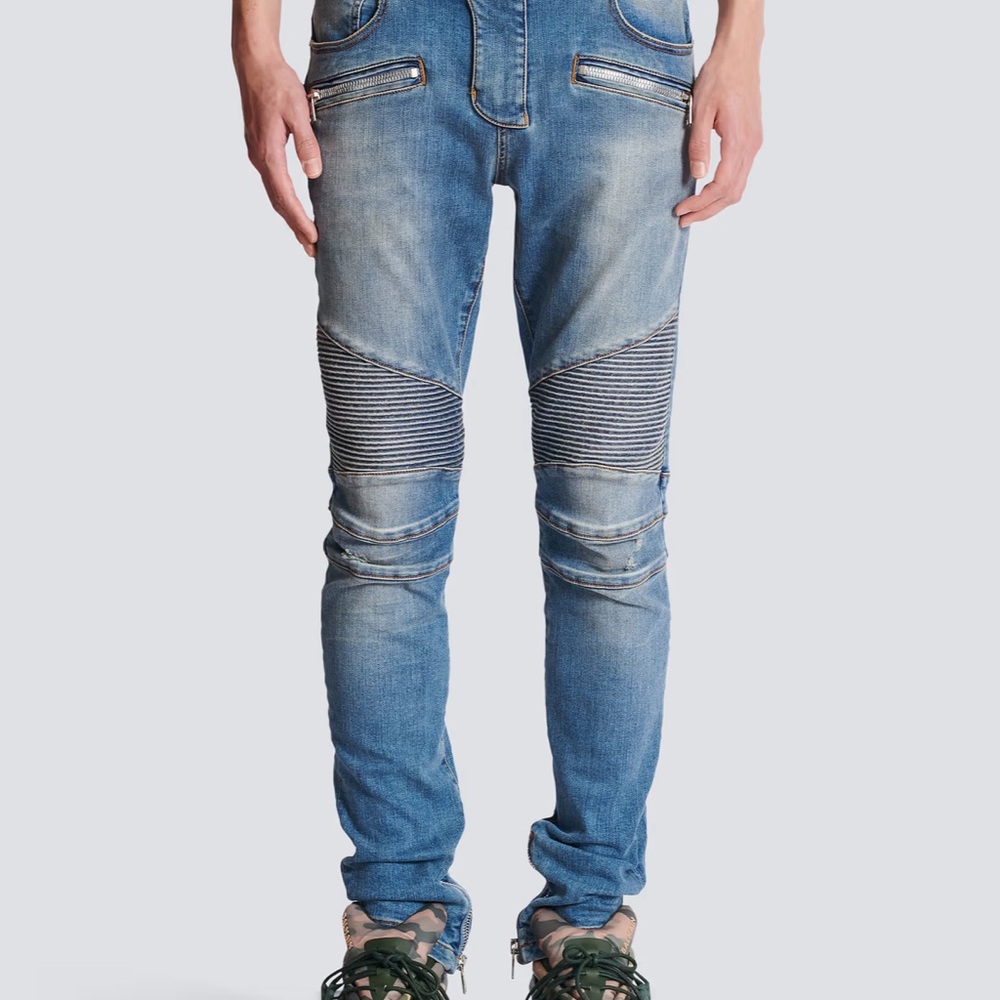 Balmain Slim Fit Biker Jeans in Blue Denim - Picture 9 of 16